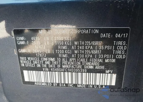 2017 Subaru Outback 2.5I Premium z USA, uszkodzony, nr VIN 4S4BSAFC1H3395399